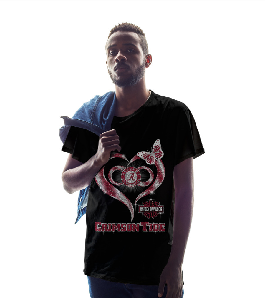 Alabama Crimson Tide Harley Davidson Heart With Butterfly Sparkle T-Shirt