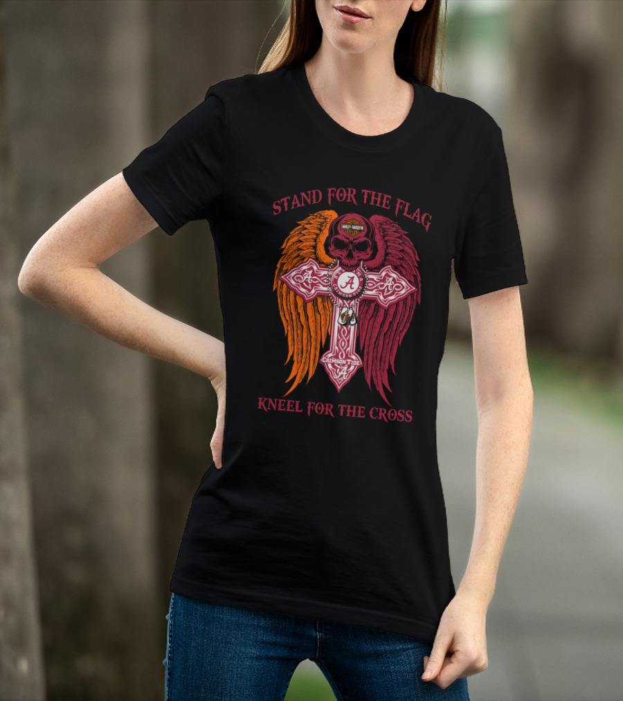 Stand For The Flag Kneel For The Cross Alabama Crimson Tide Harley Davidson Skulls Wings T-Shirt