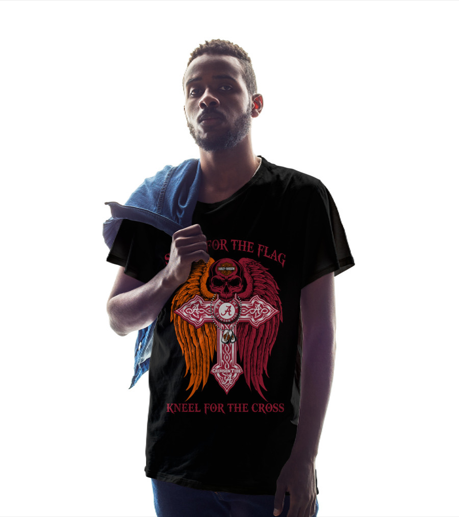 Stand For The Flag Kneel For The Cross Alabama Crimson Tide Harley Davidson Skulls Wings T-Shirt