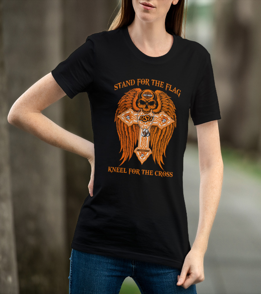 Stand For The Flag Kneel For The Cross Oklahoma State Cowboys Skull Cross T-Shirt