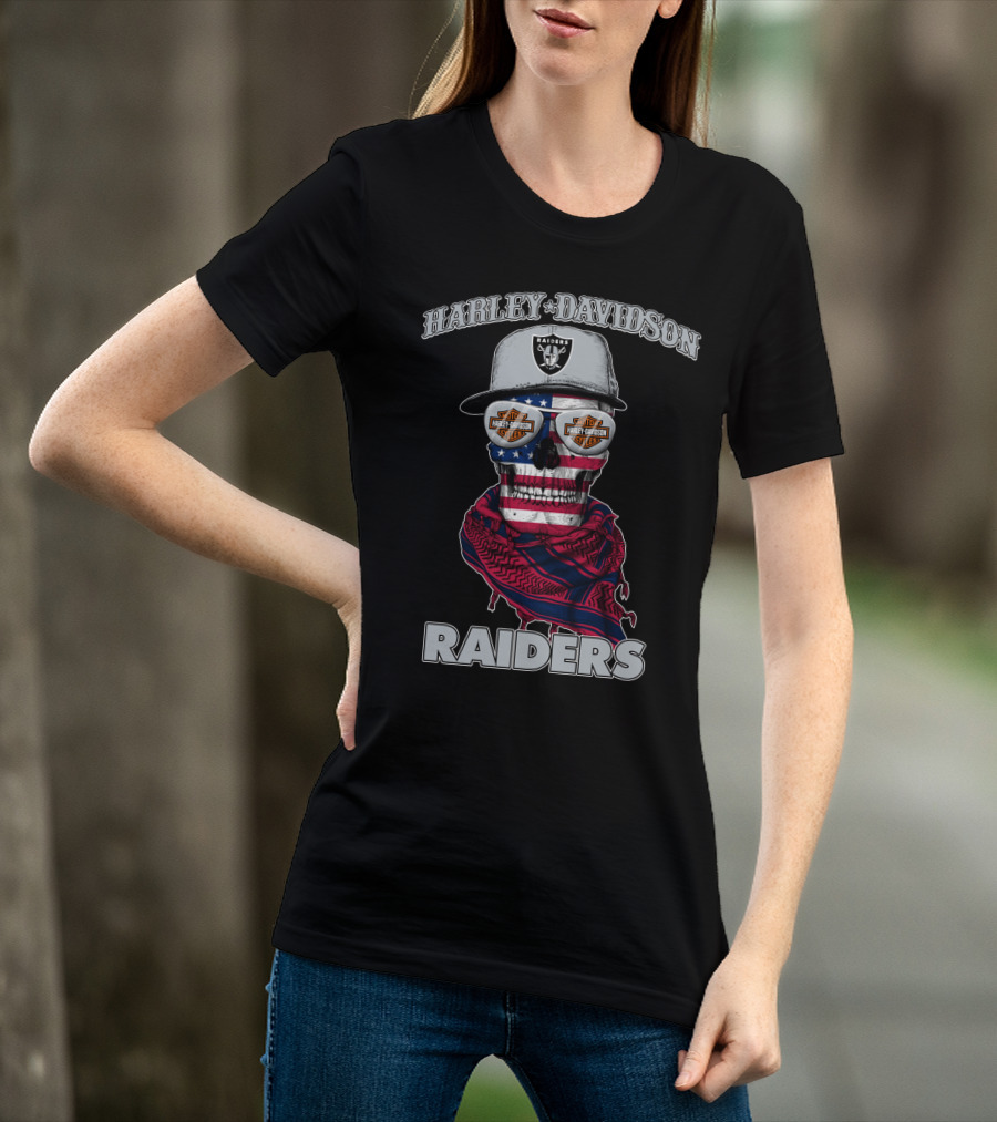 Harley Davidson Raiders Skull American Flag Bandana Nfl X Las Vegas Raiders T-Shirt
