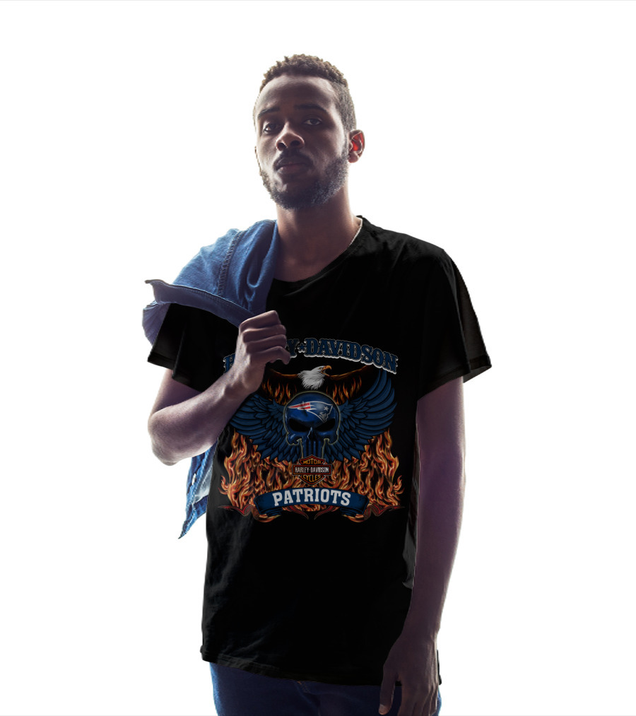 Harley Davidson Nfl New England Patriots Winged Skull And Flames T-Shirt