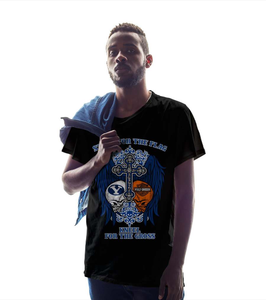 Stand For The Flag Kneel For The Cross Byu Cougars Harley Davidson Skulls T-Shirt