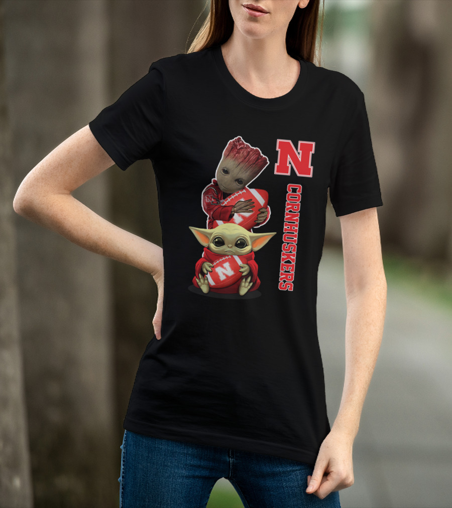 Nebraska Cornhuskers Groot And Baby Yoda Football T-Shirt