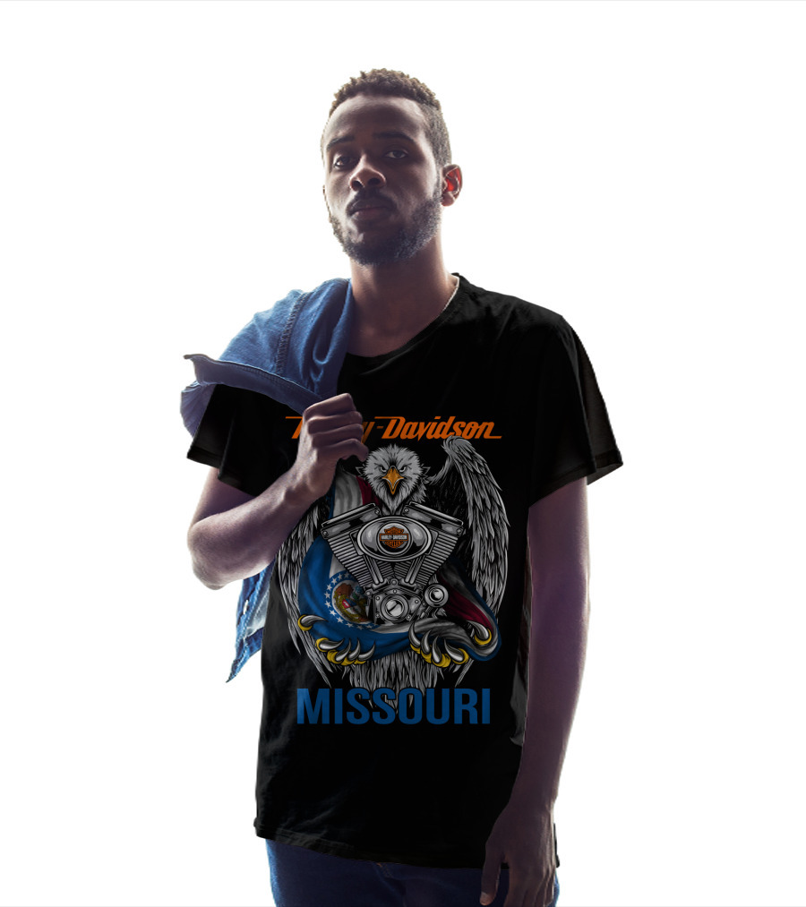 Harley Davidson Missouri Eagle Emblem With Engine And Flag Motif T-Shirt