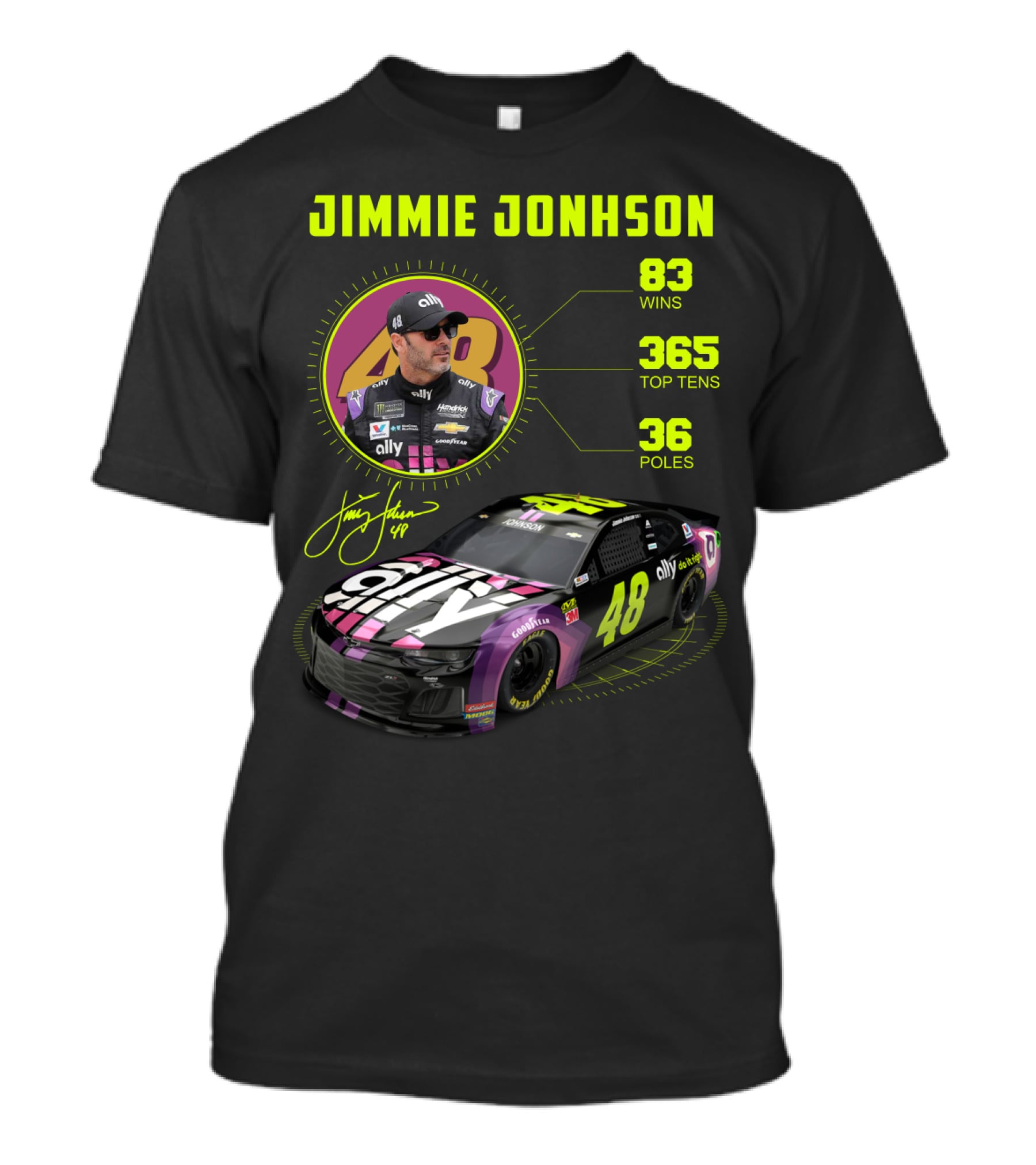 Jimmie Johnson 83 Wins 365 Top Tens 36 Poles Ally Racing Car 48 T-Shirt