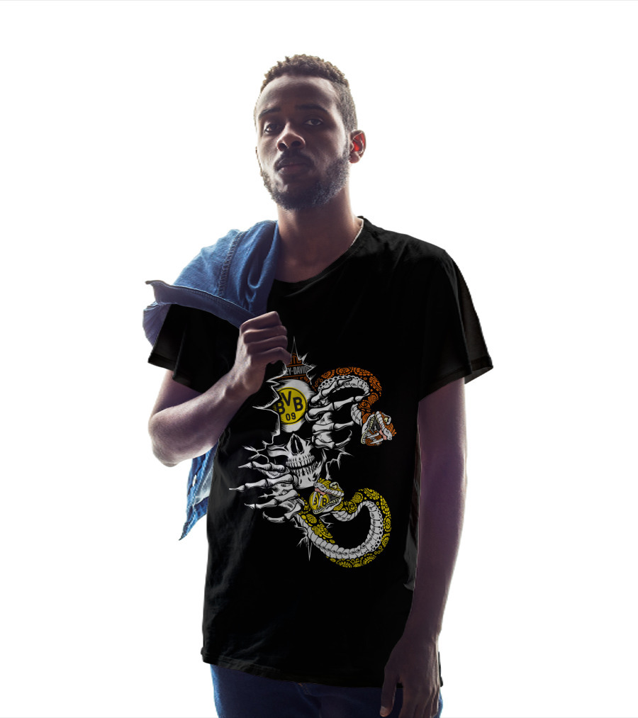Bvb 09 Skull With Snake And Harley Davidson T-Shirt