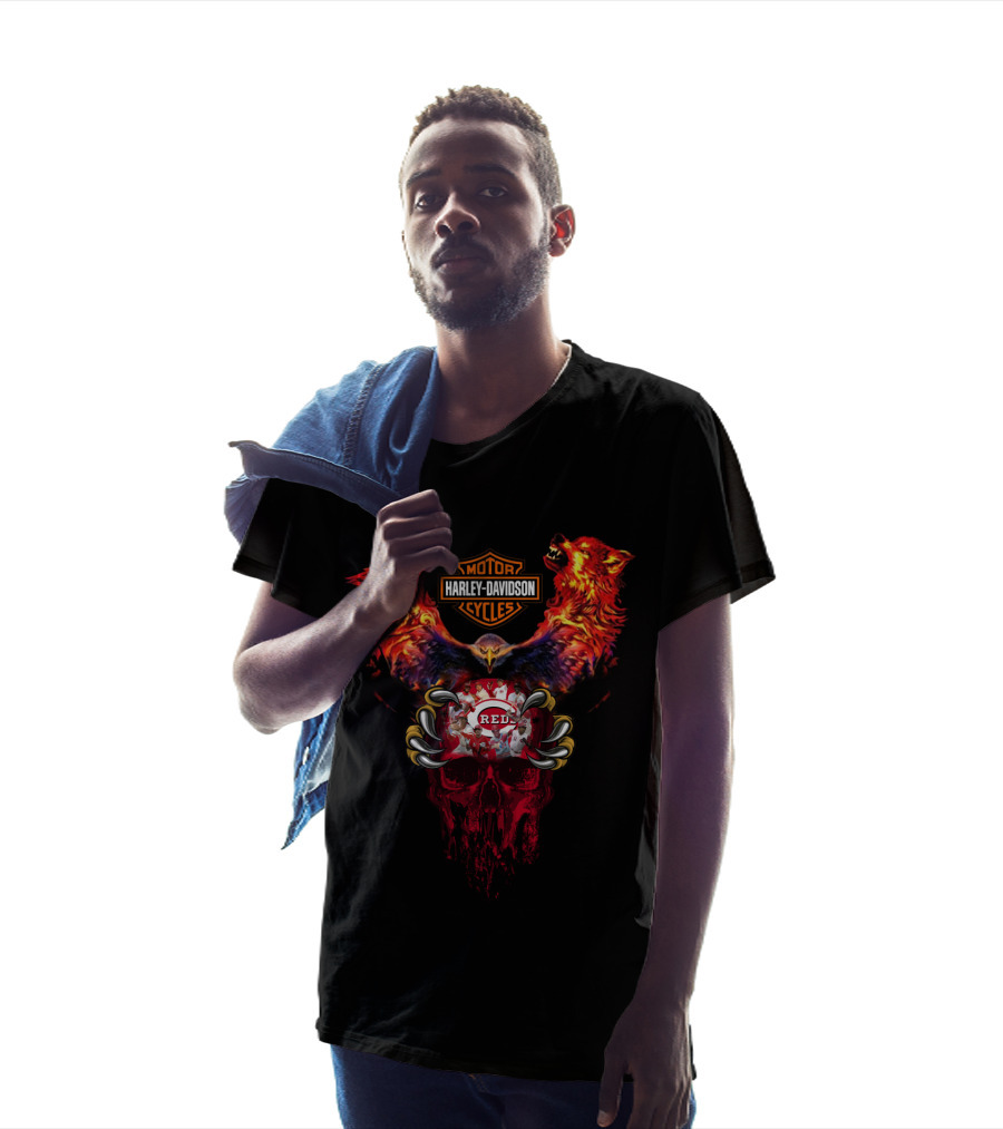 Harley Davidson Motorcycles Mlb Cincinnati Reds Wolf Skull T-Shirt