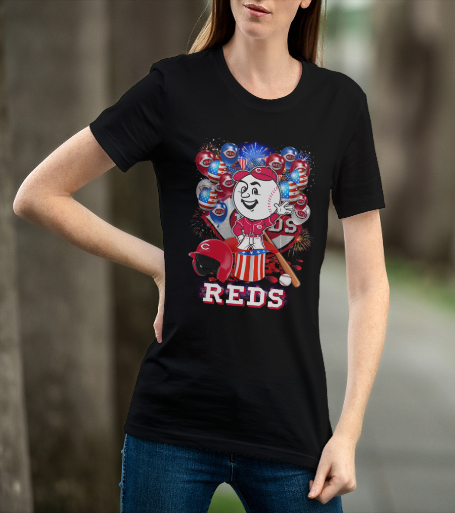 Mlb Cincinnati Reds Baseball Mascot Celebration With Fireworks And Patriotic Details T-Shirt