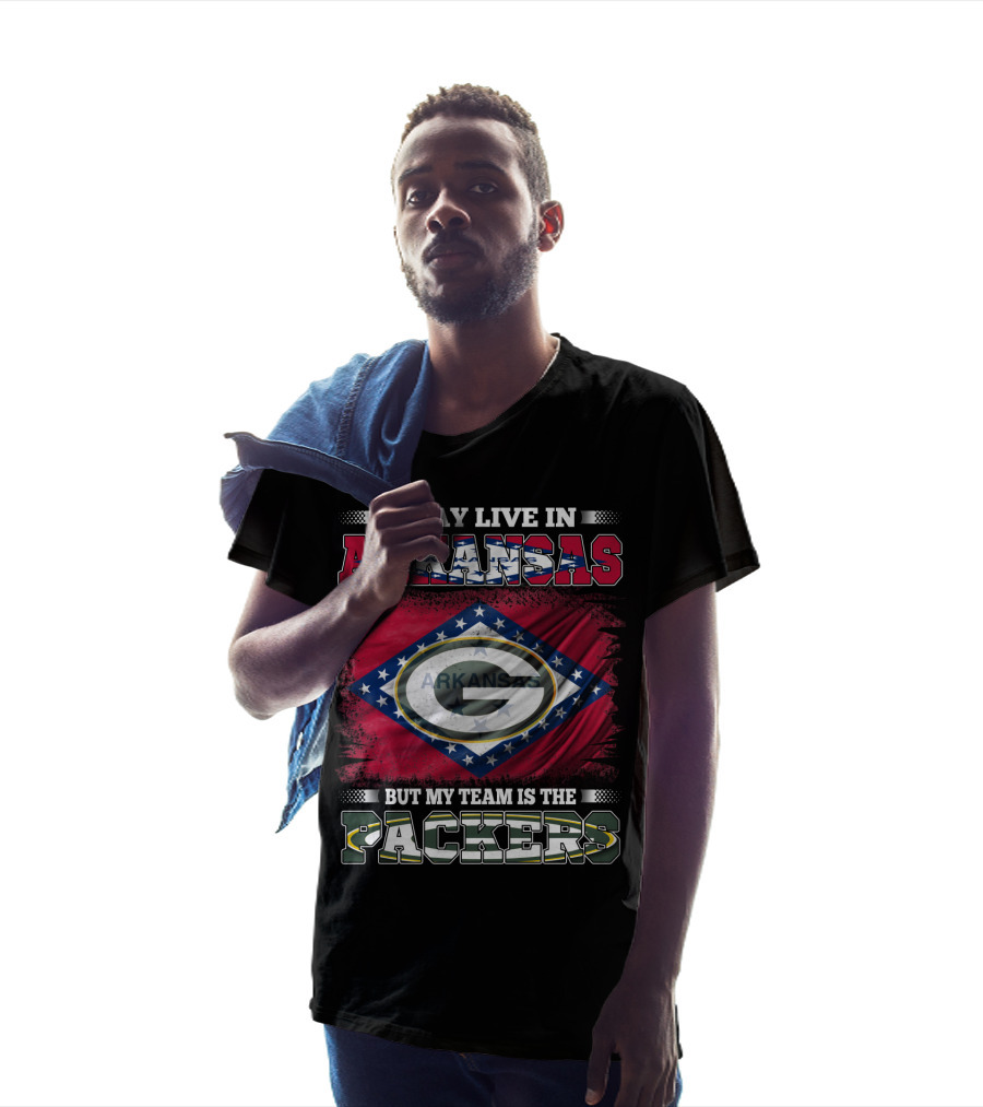 I May Live In Arkansas But My Team Is The Packers Arkansas Flag Green Bay Colors T-Shirt