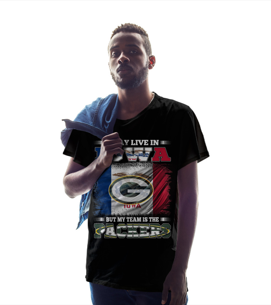I May Live In Iowa But My Team Is The Packers With Iowa Flag And Green Bay T-Shirt