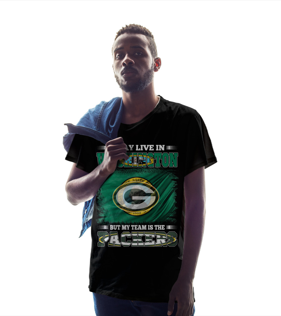 I May Live In Washington But My Team Is The Packers Green Bay Logo Washington State Flag T-Shirt