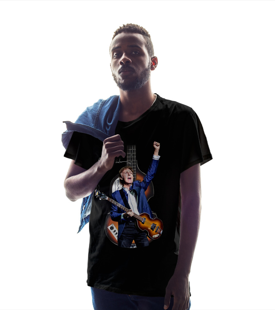 Paul McCartney Signature Bass Guitar Iconic Imagery With Raised Fist T-Shirt