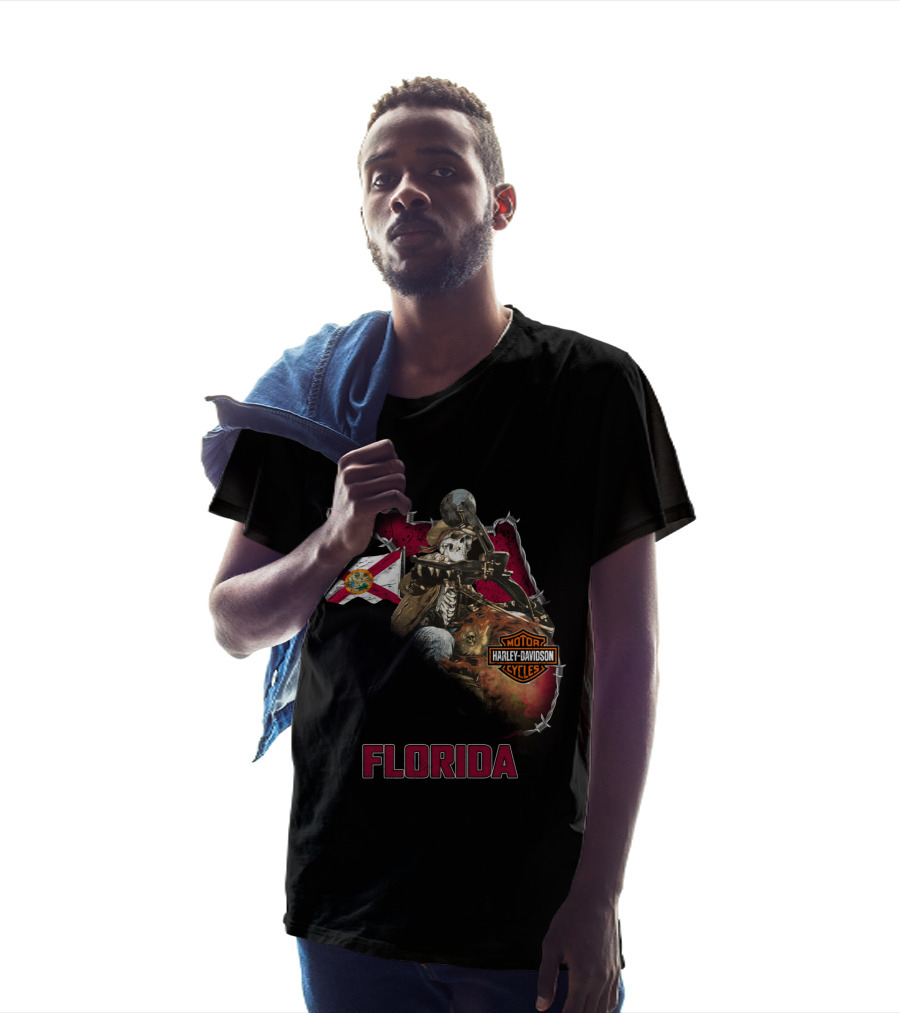 Florida Harley Davidson Skeleton Biker With State Flag T-Shirt