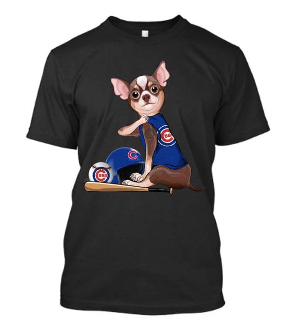 Chicago Cubs Chihuahua Baseball Fan With Helmet And Bat T-Shirt