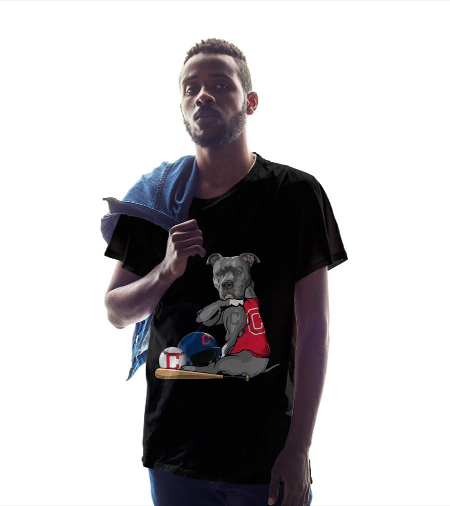 Cleveland Indians C Pit Bull Baseball Bat Helmet Sitting Baseball T-Shirt