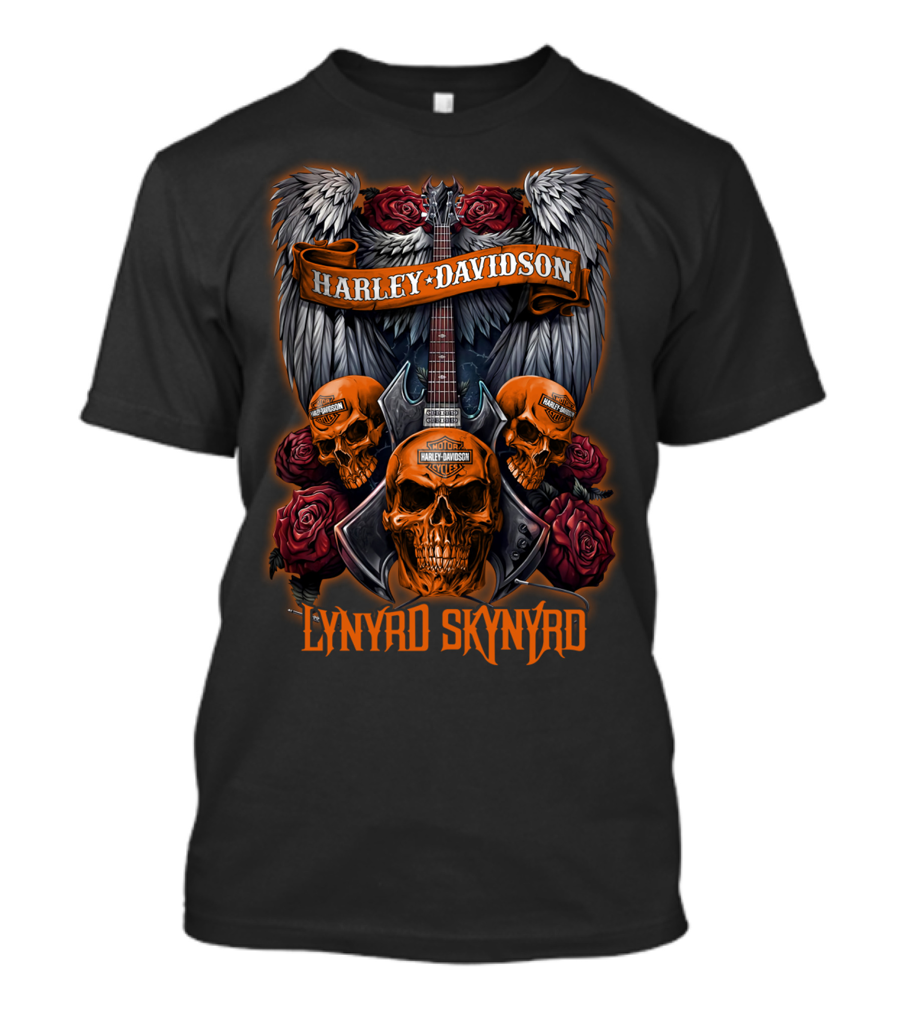 Lynyrd Skynyrd Harley Davidson Skull Guitar Wings Roses T-Shirt