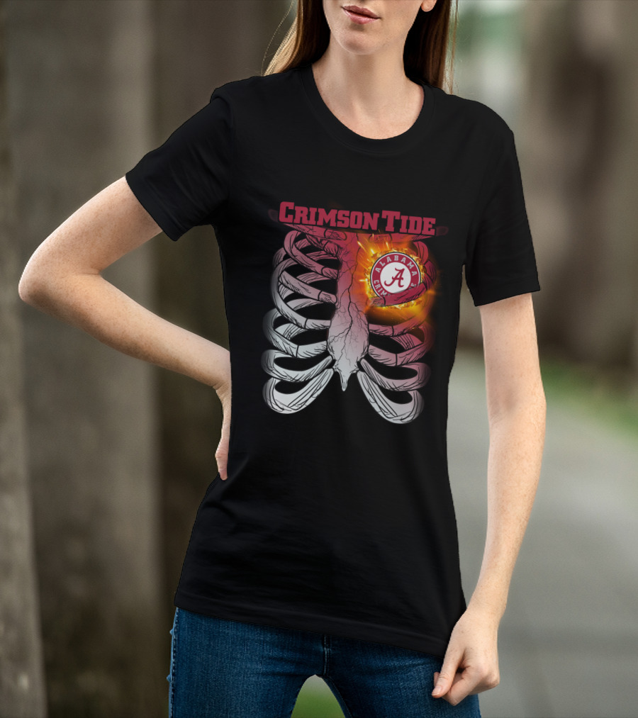 Alabama Crimson Tide A Logo Flaming Heart Inside Ribcage T-Shirt