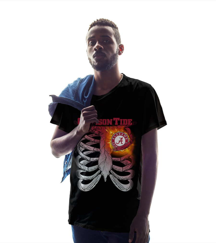 Alabama Crimson Tide A Logo Flaming Heart Inside Ribcage T-Shirt