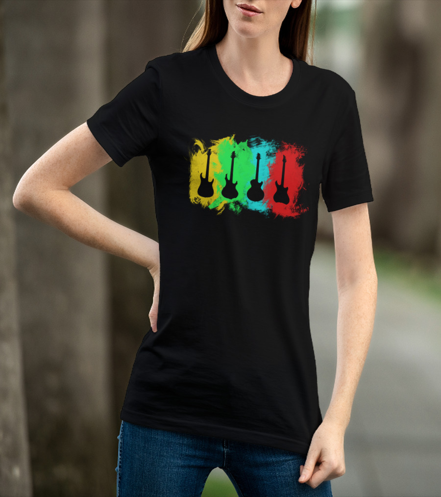 Colored Guitars Electric Acoustic Silhouette Yellow Green Blue Red T-Shirt