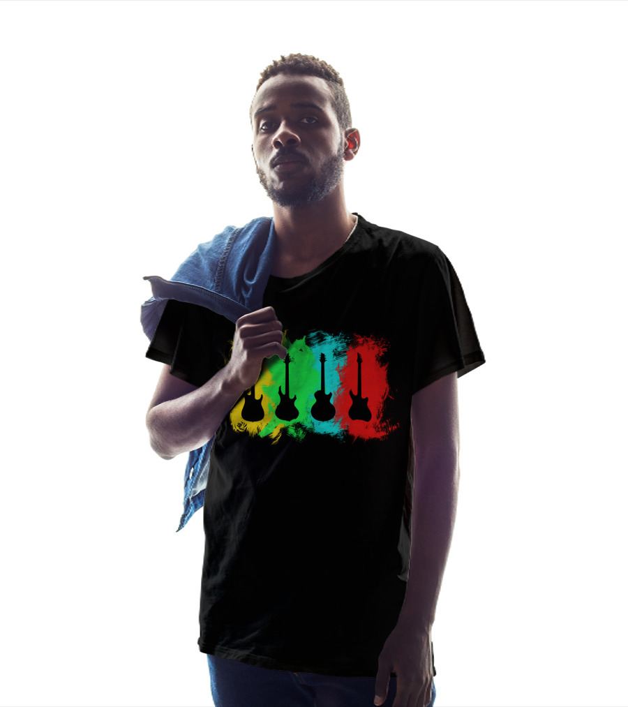 Colored Guitars Electric Acoustic Silhouette Yellow Green Blue Red T-Shirt