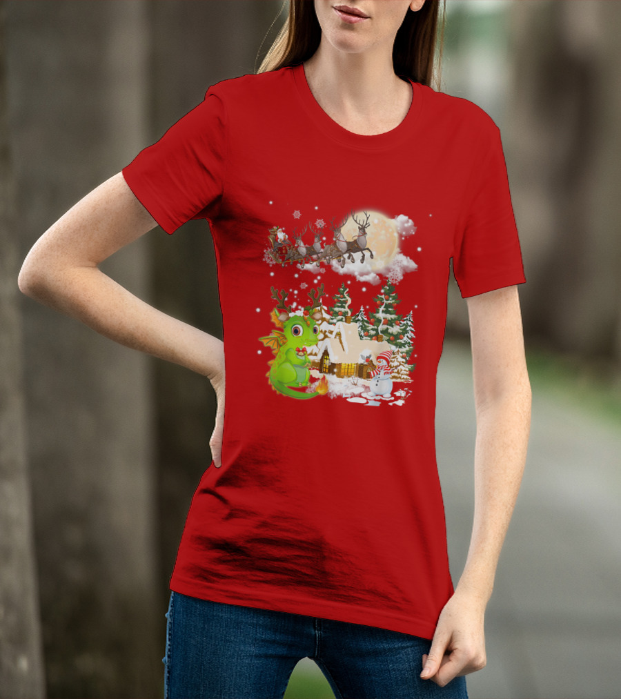 Santa's Sleigh Ride Over Snowy Village With Festive Dragon T-Shirt