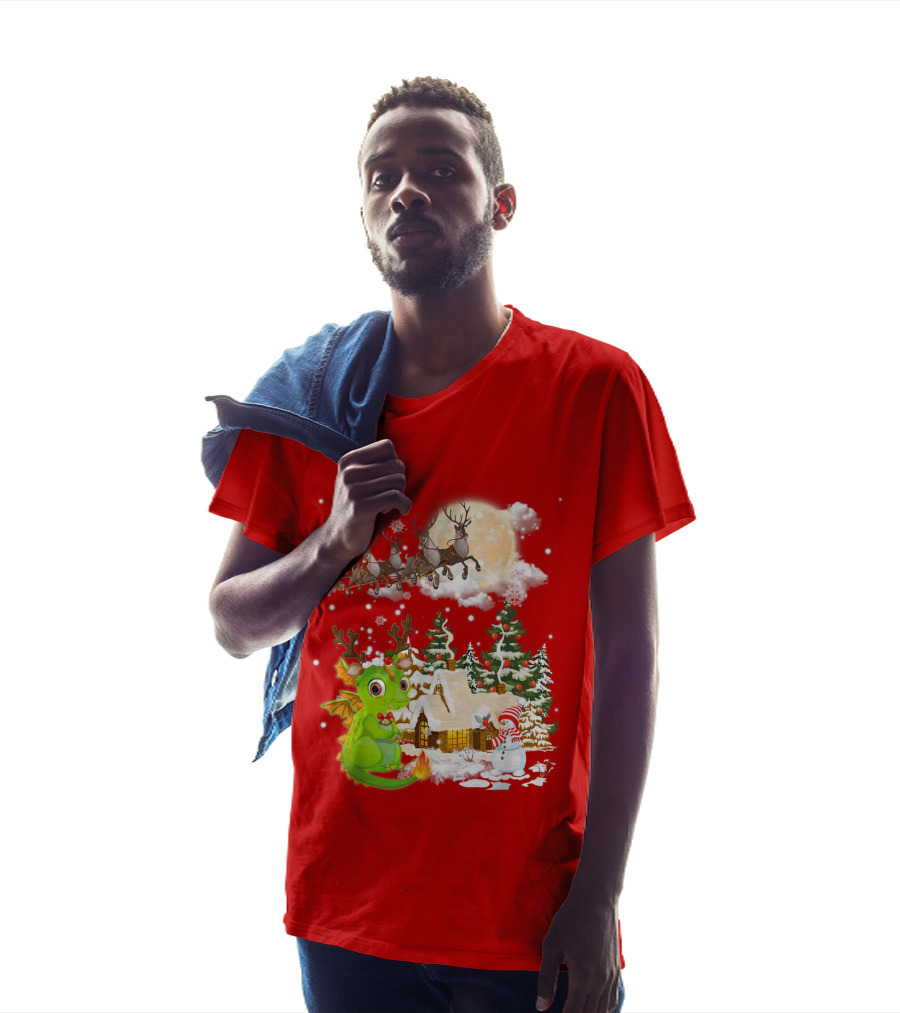 Santa's Sleigh Ride Over Snowy Village With Festive Dragon T-Shirt