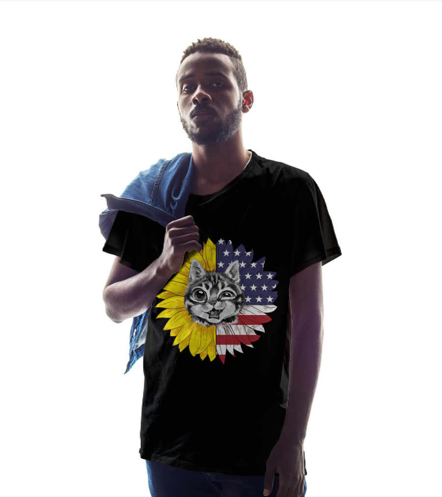 CAT LOVERS Sunflower American Flag Winking Cat T-Shirt