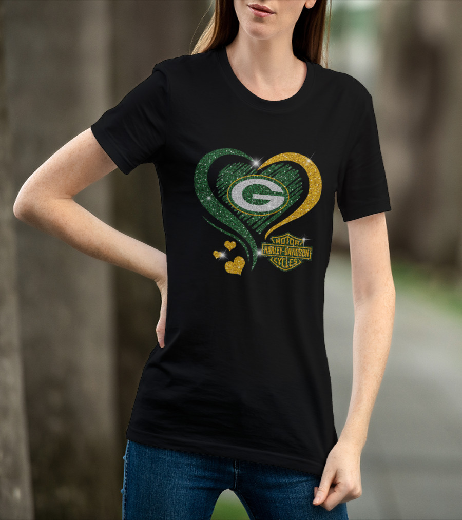 Green Bay Packers Harley Davidson Sparkling Heart T-Shirt