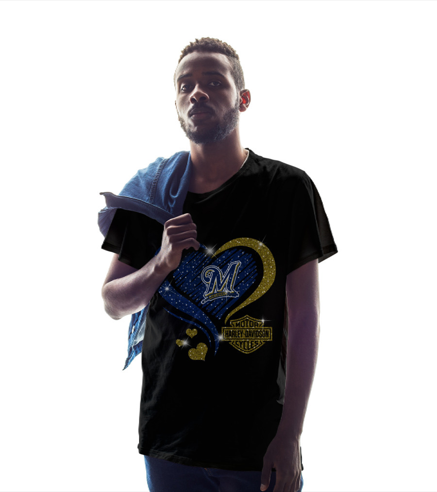 Milwaukee Brewers Heart With Harley Davidson T-Shirt