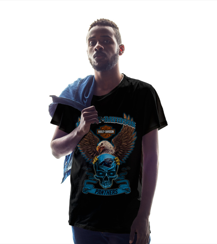 Harley Davidson Motor Cycles Eagle Carolina Panthers Skull T-Shirt