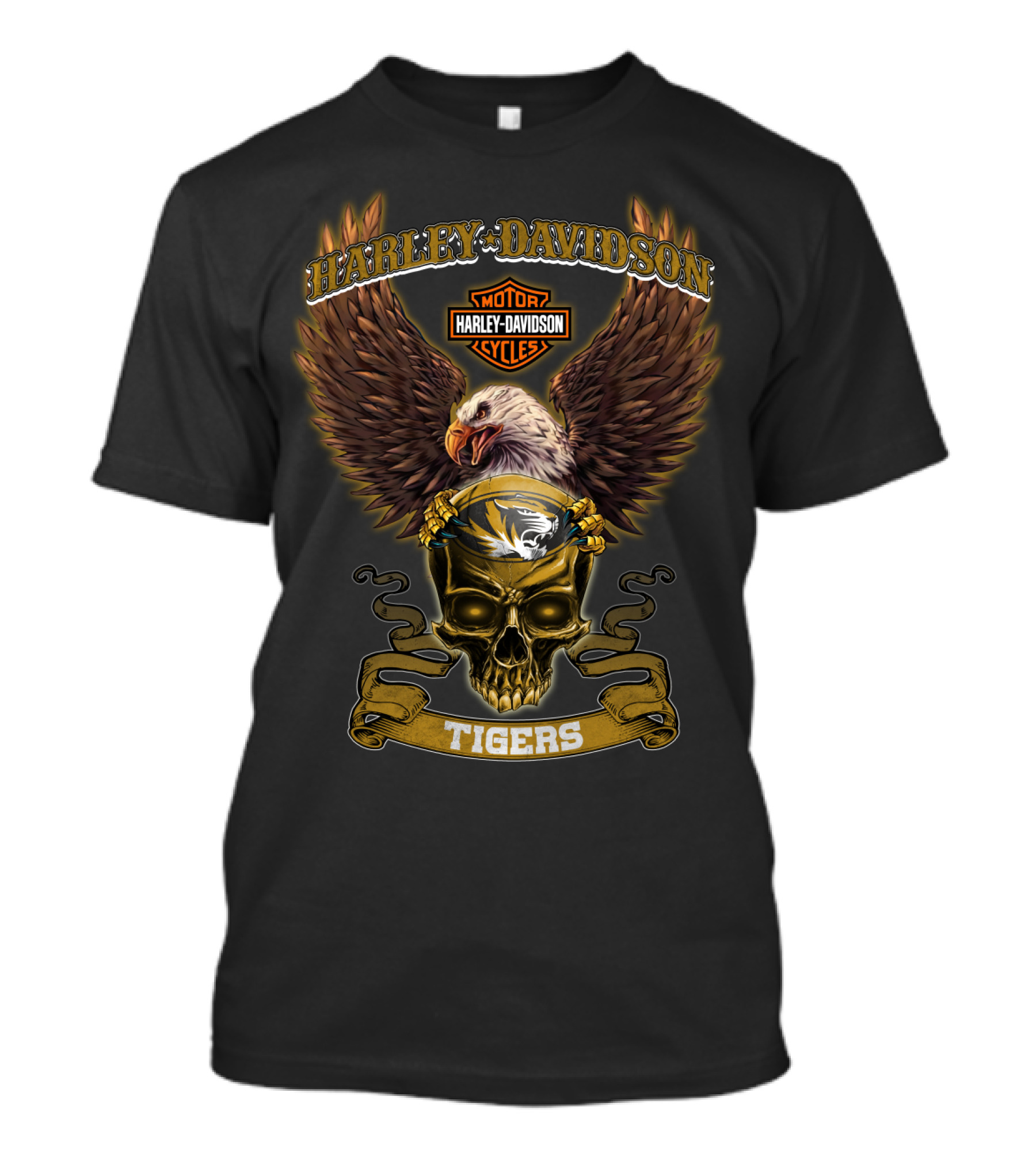 Harley Davidson Motor Cycles Eagles And Skull Missouri Tigers T-Shirt