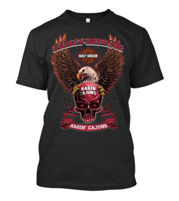 Harley Davidson Motor Cycles Ragin' Cajuns Eagle & Skull T-Shirt