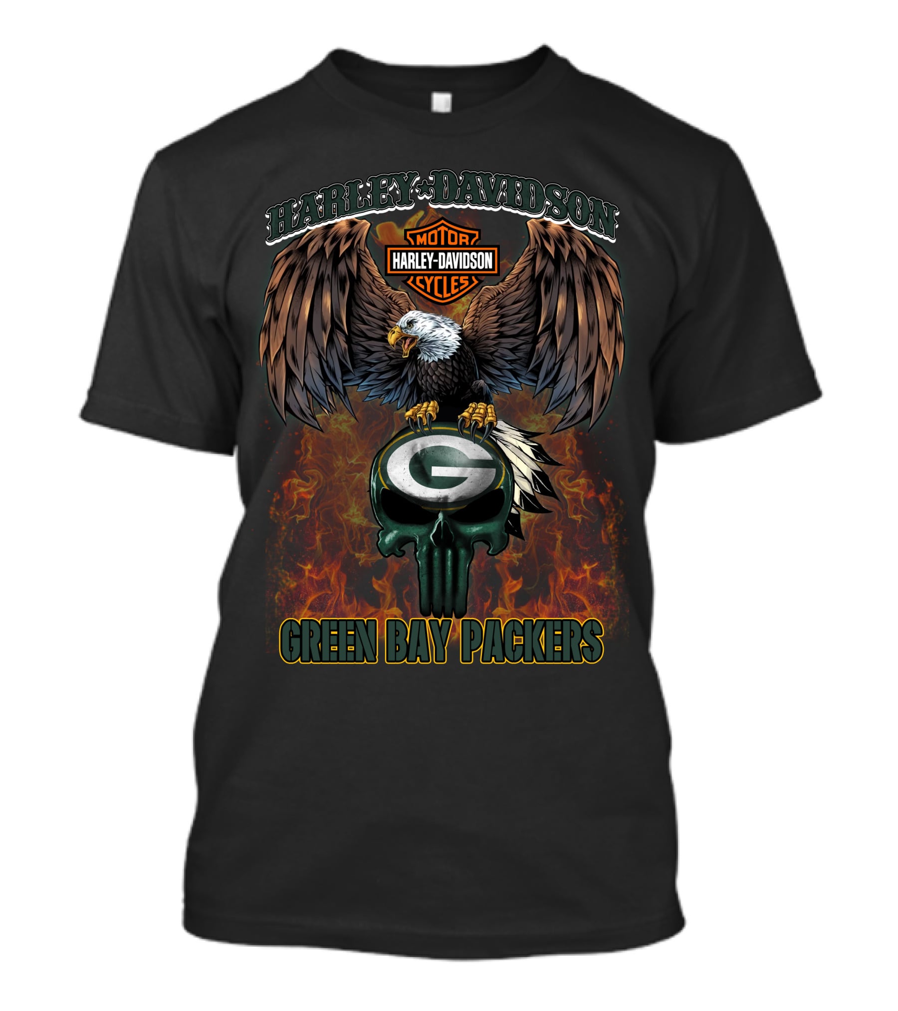 Harley Davidson Green Bay Packers Eagle And Flaming Skull T-Shirt