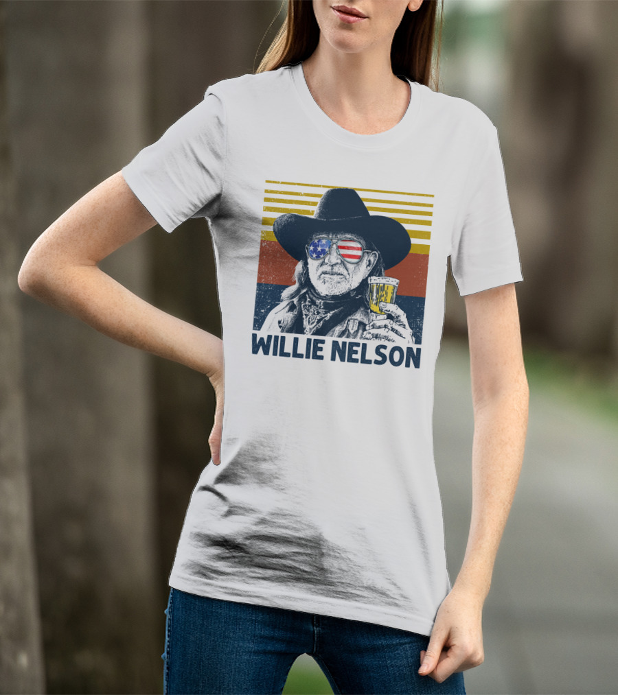 Willie Nelson USA Flag Sunglasses Beer Stripes T-Shirt