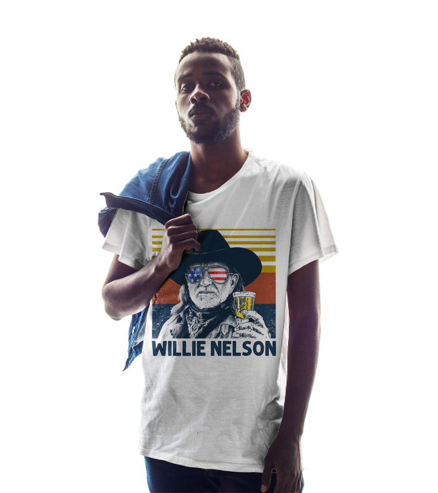 Willie Nelson USA Flag Sunglasses Beer Stripes T-Shirt