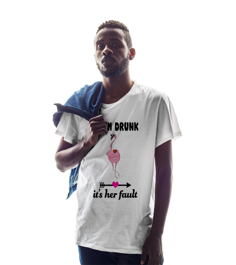 IF I'M DRUNK It's Her Fault Flamingo With Wine Glass Arrow Heart T-Shirt