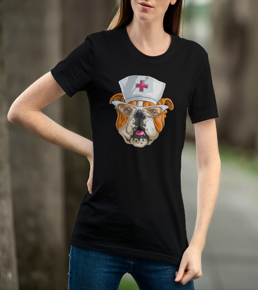 English Bulldog Nurse Hat Glasses Dog T-Shirt