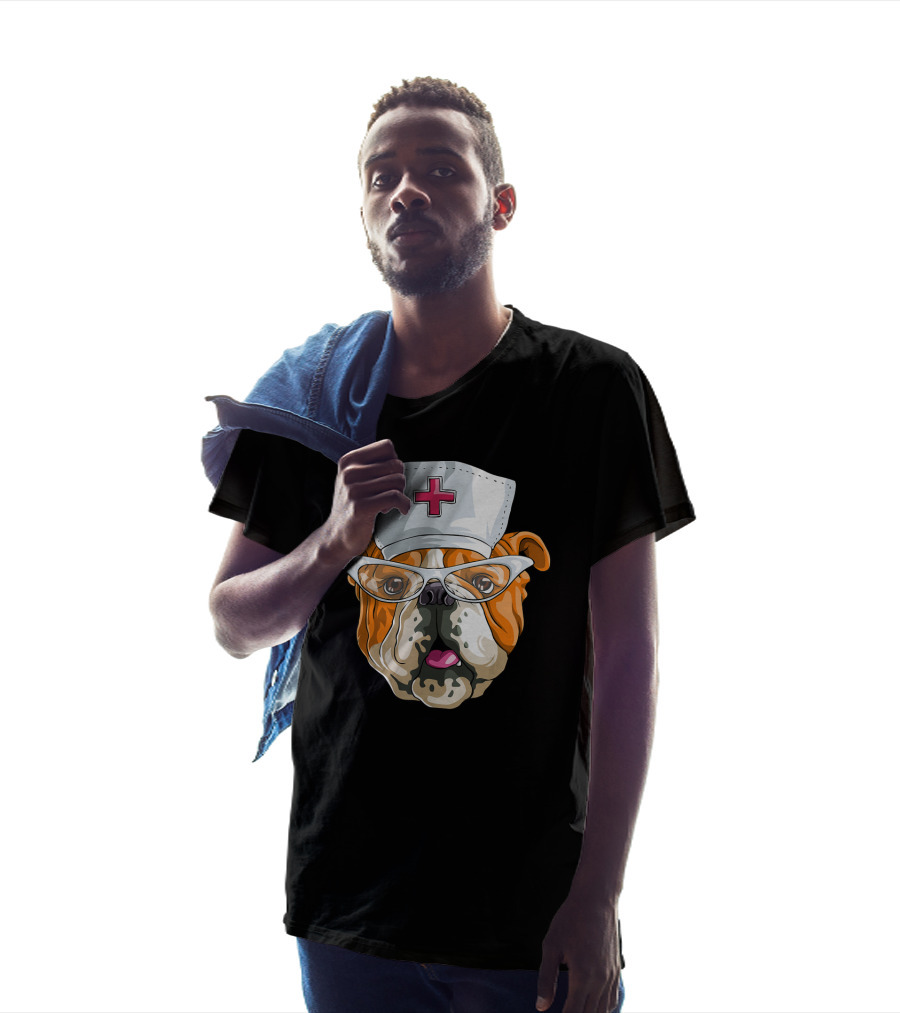 English Bulldog Nurse Hat Glasses Dog T-Shirt