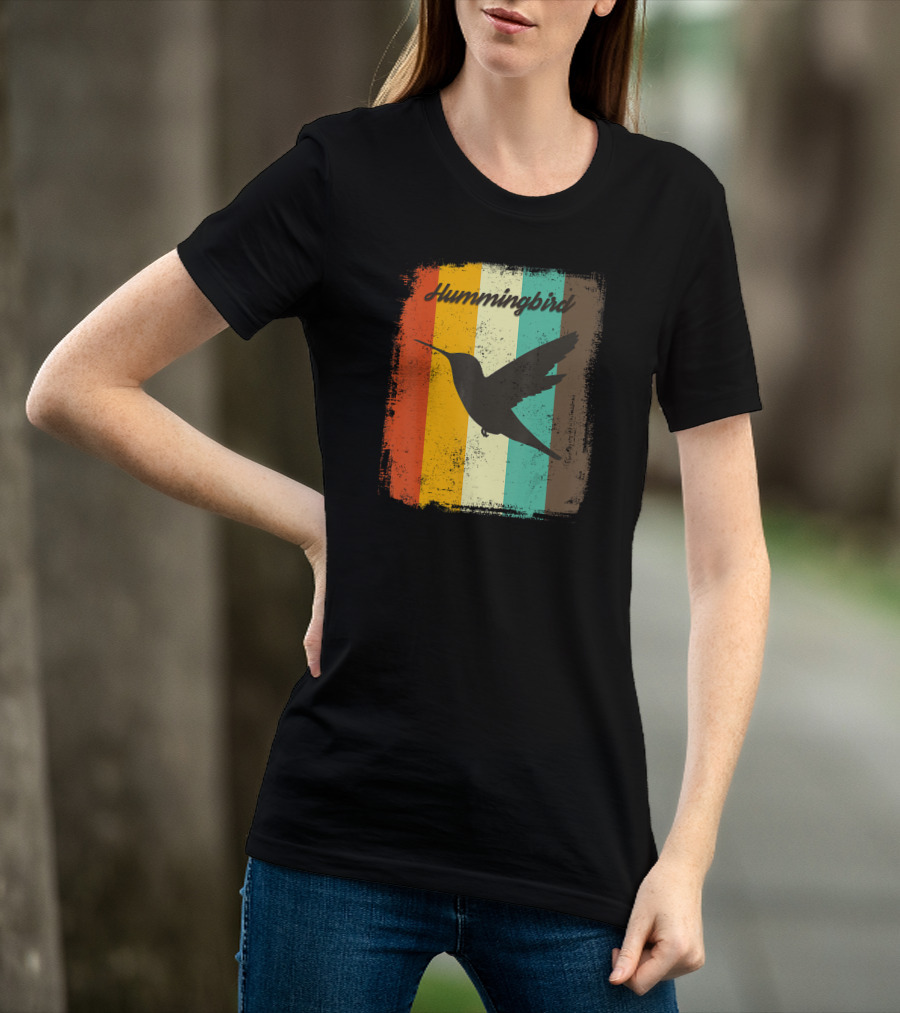 70s Vintage Hummingbird Silhouette Retro Stripes T-Shirt