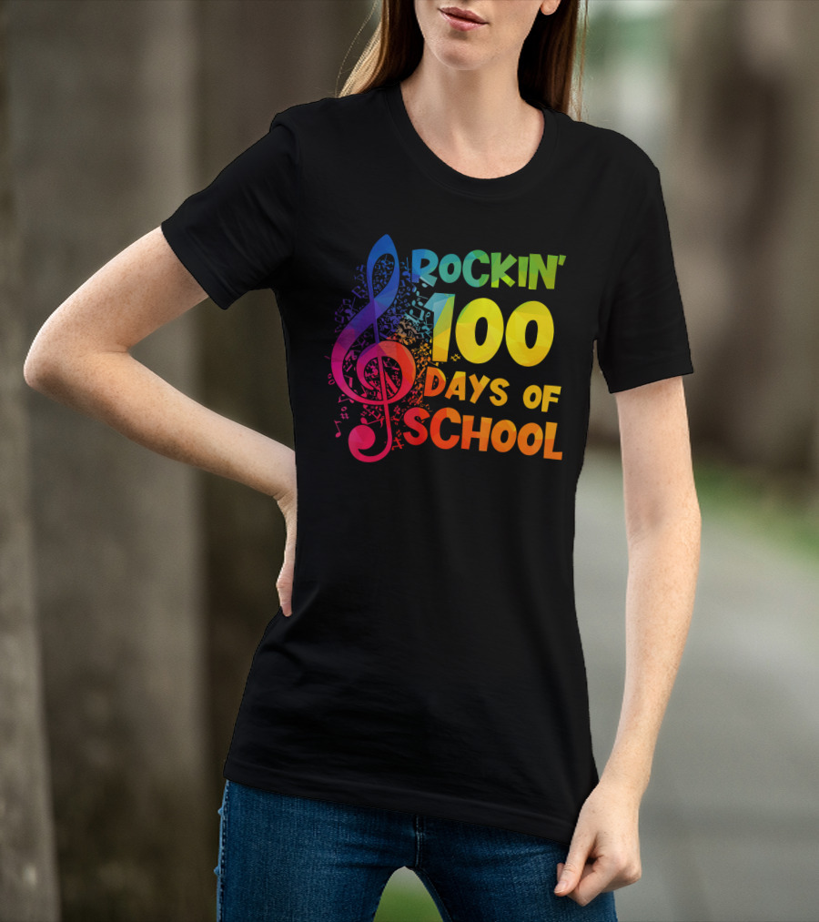 Rockin' 100 Days Of School Music Notes Treble Clef T-Shirt