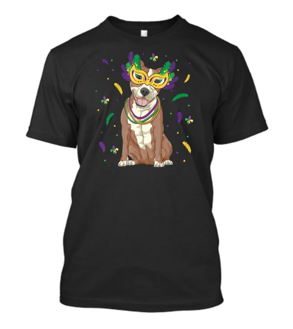 Mardi Gras Pitbull With Feathers And Beads Mask T-Shirt