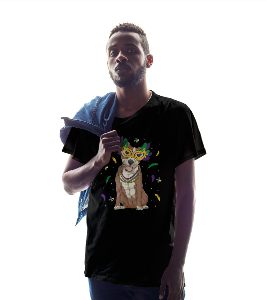 Mardi Gras Pitbull With Feathers And Beads Mask T-Shirt