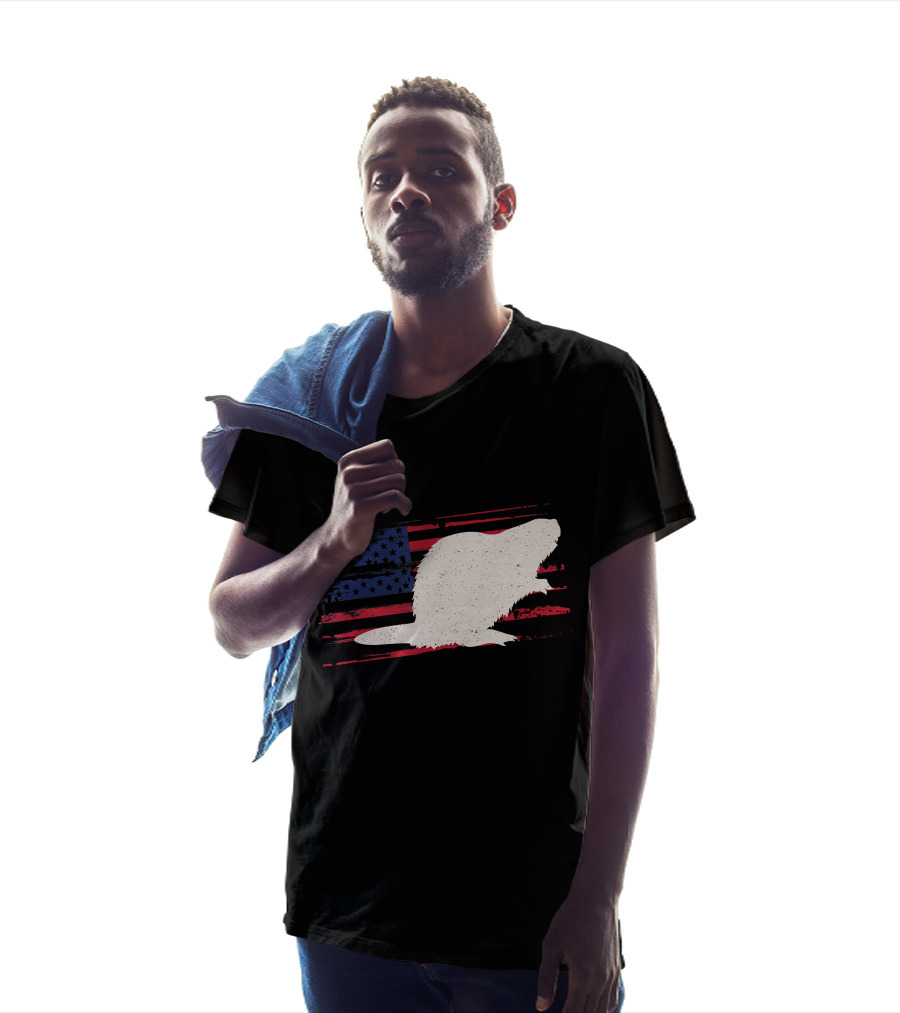 Beaver Silhouette Over Distressed US American Flag Rodent T-Shirt