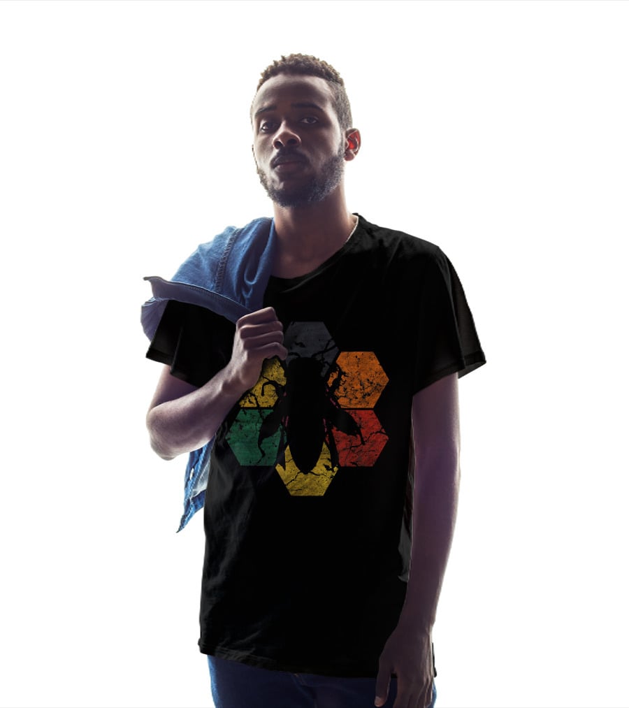 Vintage Hexagon Honey Bee Silhouette Retro Color Blocks T-Shirt