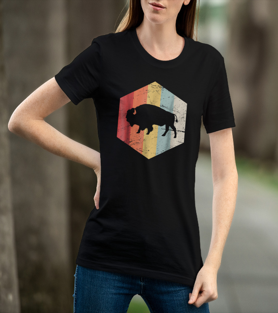 Vintage Buffalo Silhouette Retro Stripes Hexagon T-Shirt