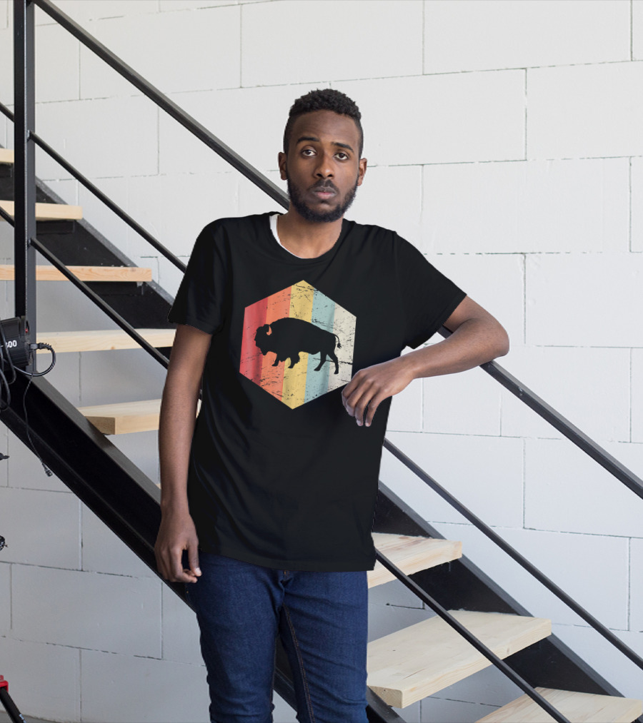 Vintage Buffalo Silhouette Retro Stripes Hexagon T-Shirt