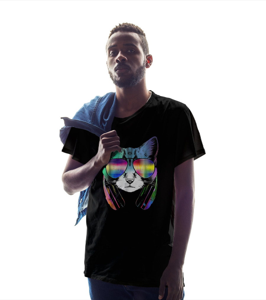 Electro Music Cat Rainbow DJ Sunglasses Headphones Retro Vibes T-Shirt