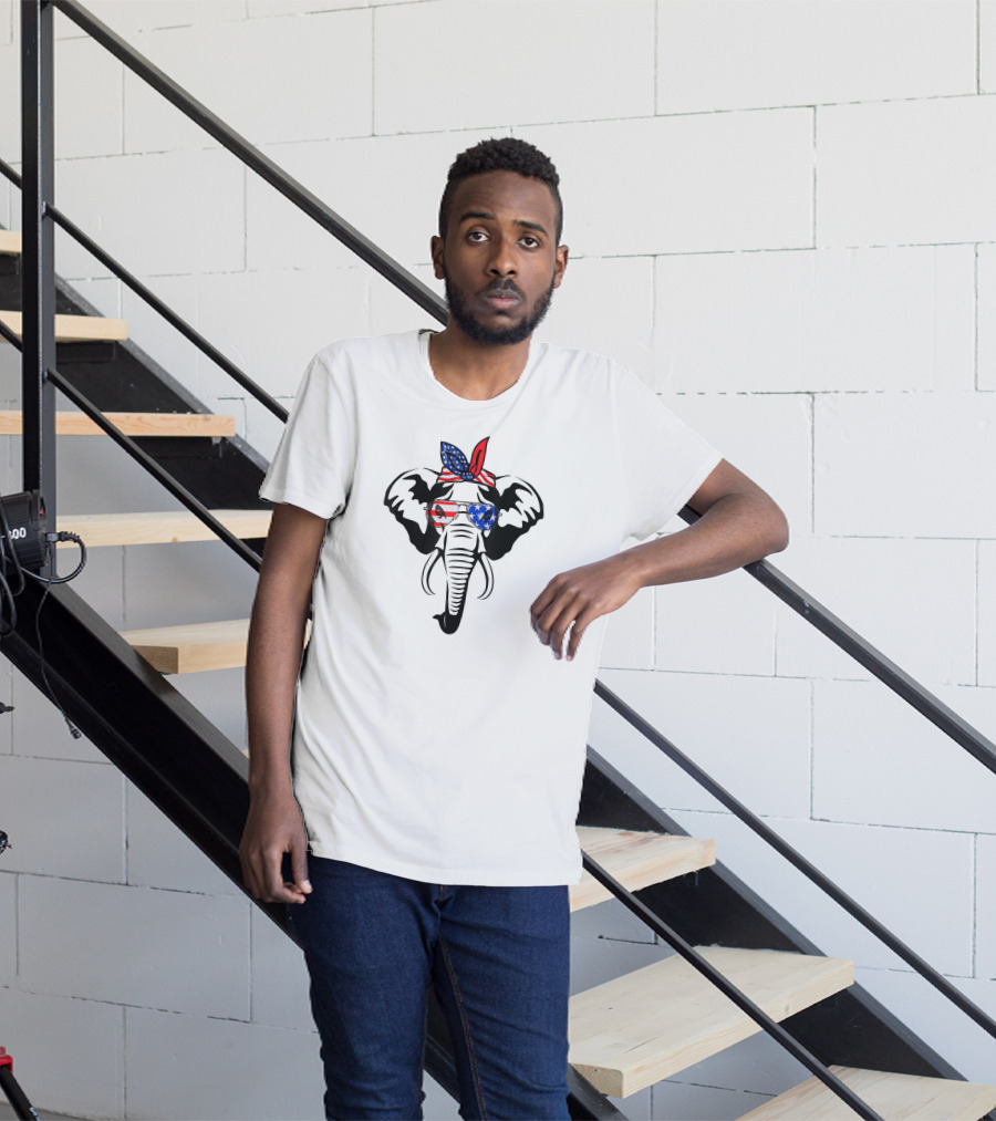 Elephant Wearing American Flag Glasses And Bandana T-Shirt