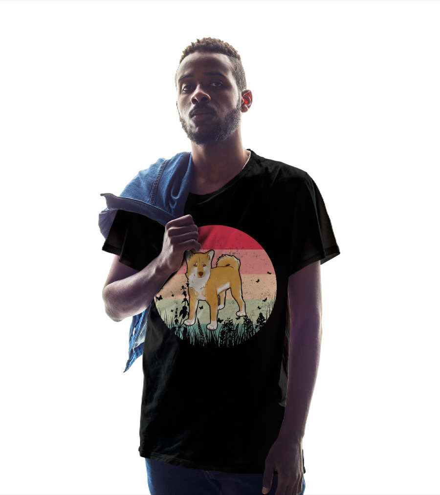Akita Inu Vintage Retro Akit Circle Silhouette With Stripes And Butterflies T-Shirt